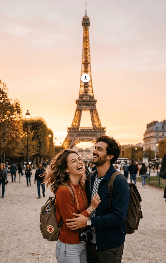 Casal em frente à Torre Eiffel ao pôr do sol, em Paris