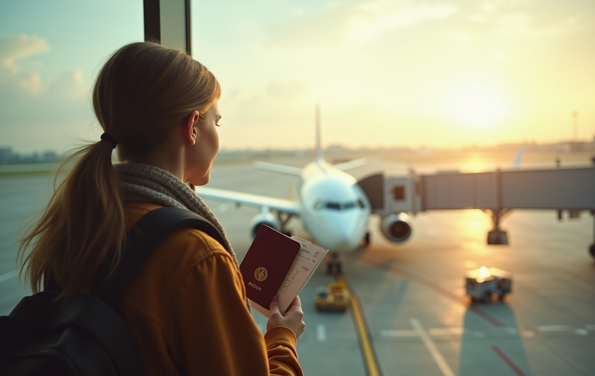 Viajante de costas em um portão de embarque, segurando passaporte e cartão de embarque, olhando um avião na pista ao amanhecer