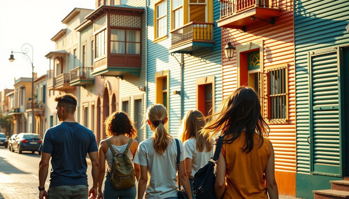 Grupo de quatro amigos caminhando entre as casas coloridas do Caminito, em La Boca, Buenos Aires