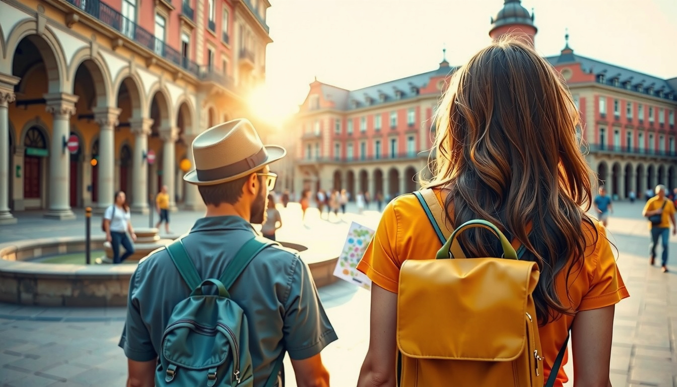 Casal de mochila caminhando por uma praça histórica com arcadas na Espanha no fim de tarde